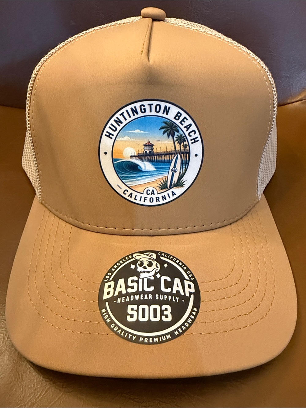 Huntington Beach Trucker Hat - Tan - DTF logo - unisex- NEW